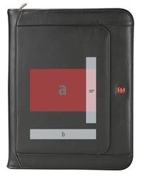 imprint views for personalization (b) and customized die (a) of black leather zippered padfolio